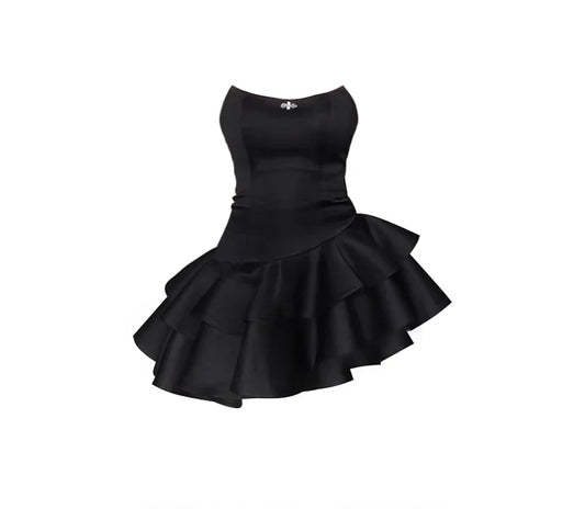 A line Strapless Black Homecoming Dresses Vacation Dresses Short Satin Birthday Dress