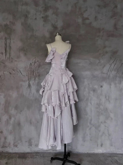 Pretty Irregular Ruffle Spaghetti Straps Light Purple Prom Dresses With Flower Long Birthday Dress SH2897