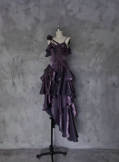 Pretty Irregular Ruffle Spaghetti Straps Grape Prom Dresses With Flower Long Birthday Dress SH2895