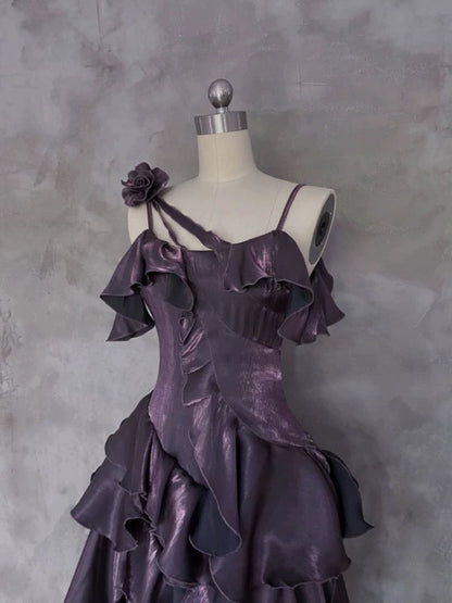 Pretty Irregular Ruffled Spaghetti Straps Grape Prom Dresses With Detachable Rose Long Birthday Dress For Women SD238