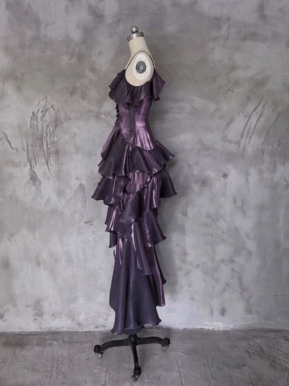 Pretty Irregular Ruffled Spaghetti Straps Grape Prom Dresses With Detachable Rose Long Birthday Dress For Women SD238