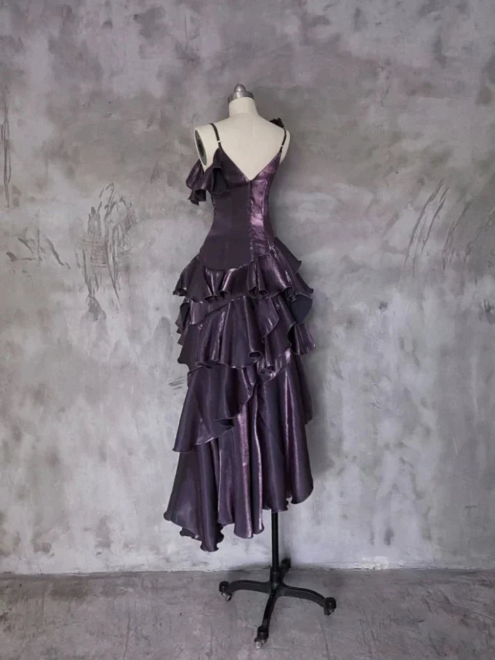 Pretty Irregular Ruffle Spaghetti Straps Grape Prom Dresses With Flower Long Birthday Dress SH2895