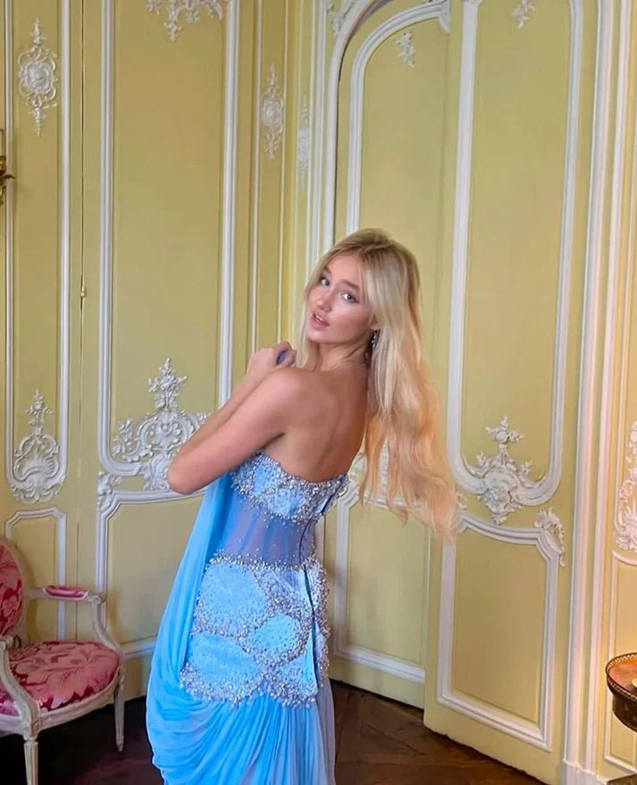 Light Blue Vintage Fashion Exquisite Beading A-Line Off-the-shoulder Long Chiffon Ball Gown Evening Dress Party Dress gh3454