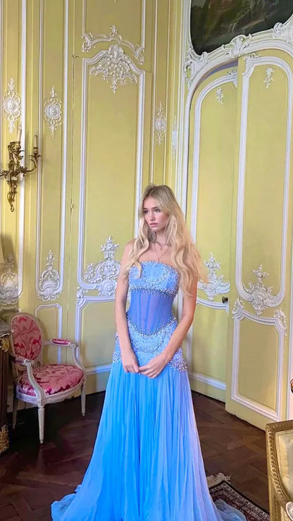 Light Blue Vintage Fashion Exquisite Beading A-Line Off-the-shoulder Long Chiffon Ball Gown Evening Dress Party Dress gh3454
