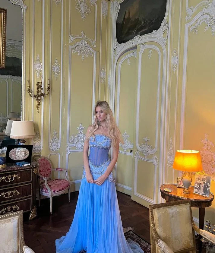 Light Blue Vintage Fashion Exquisite Beading A-Line Off-the-shoulder Long Chiffon Ball Gown Evening Dress Party Dress gh3454