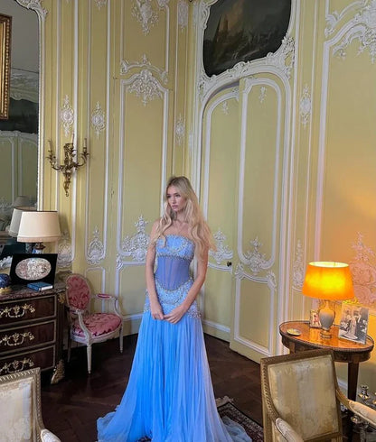 Light Blue Vintage Fashion Exquisite Beading A-Line Off-the-shoulder Long Chiffon Ball Gown Evening Dress Party Dress gh3454