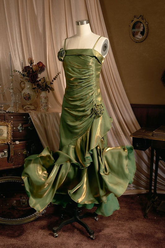 Retro Mermaid Spaghetti Straps Satin Long Party Dress Green Prom Dresses SD2409