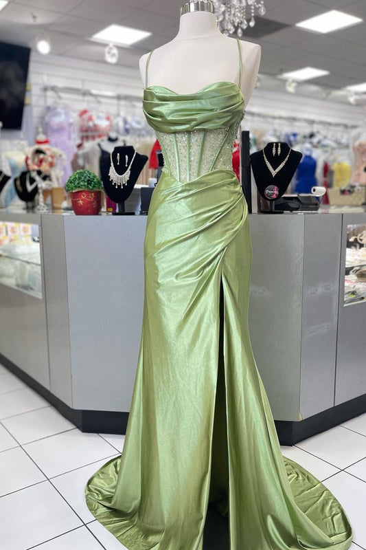 Pretty Sage Scoop Neck Satin Mermaid Long Prom Dress with Slit Formal Gown Evening Dress SD2419