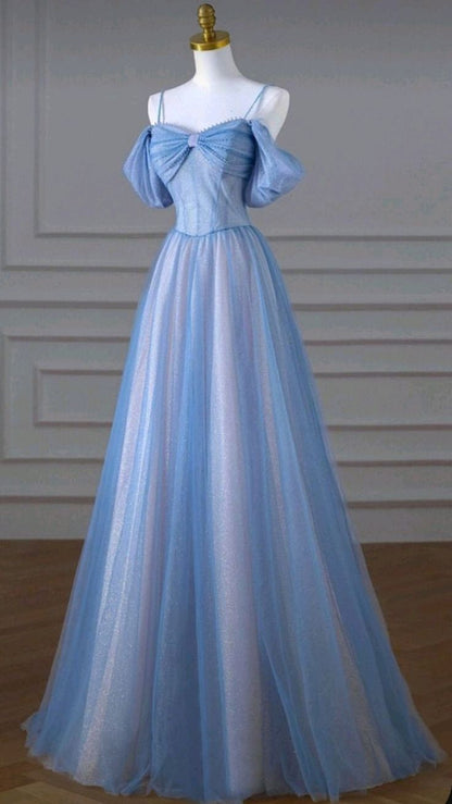 Classy A Line Spaghetti Straps Long Party Dress Blue Prom Dresses SD2449