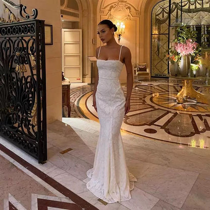 Modest Mermaid Spaghetti Straps Long White Prom Dresses Formal Graduation Party Dress Evening Dress SD2461