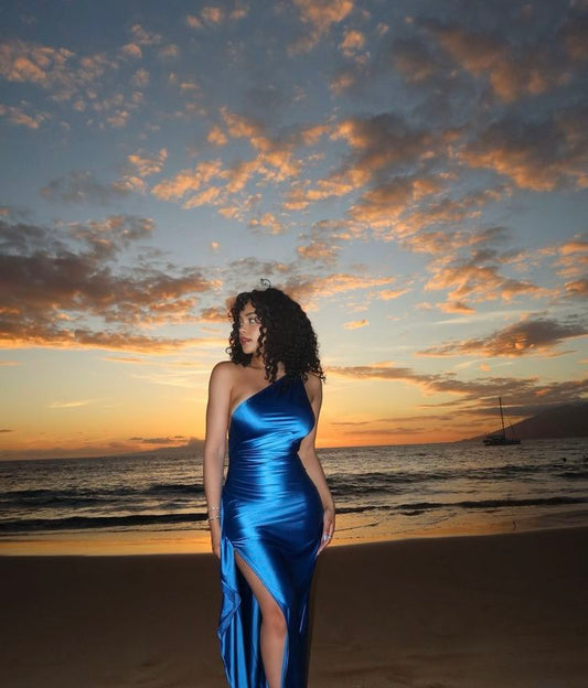 Pretty Sheath One Shoulder Blue Long Party Dresses Prom Dresses SD2468