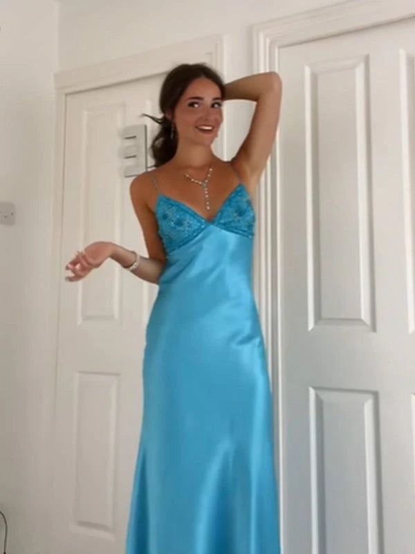Classy V-neck Blue Beaded Back Tie A-line Long Prom Dress SD2470