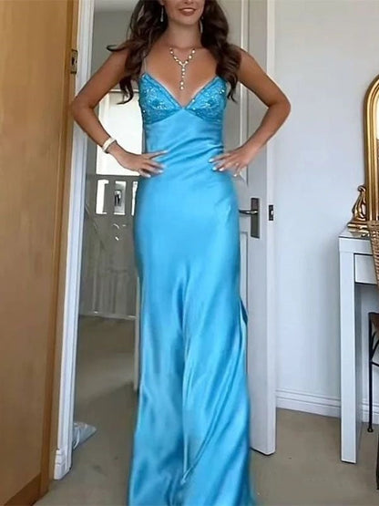Classy V-neck Blue Beaded Back Tie A-line Long Prom Dress SD2470