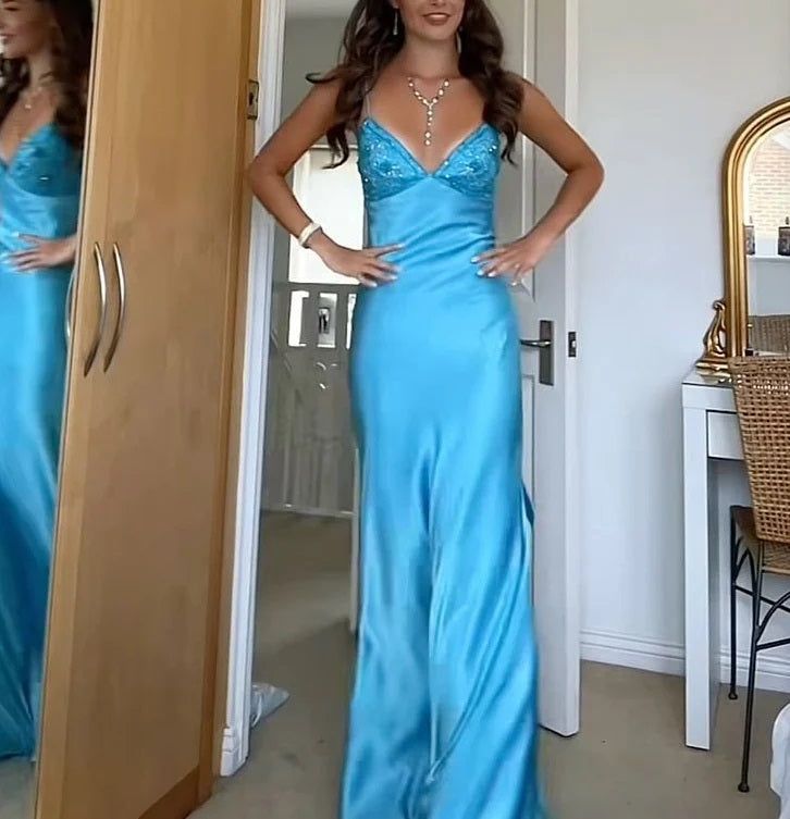 Classy V-neck Blue Beaded Back Tie A-line Long Prom Dress SD2470