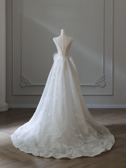 Timeless A Line V Neckline Sequin Sleeveless White Wedding Dresses Brides Dress SD2473