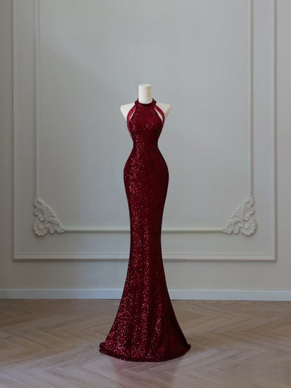 Simple Mermaid Scoop Neckline Burgundy Sequin Long Party Dress Prom Dresses SD2474