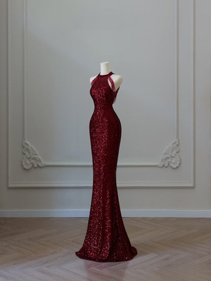 Simple Mermaid Scoop Neckline Burgundy Sequin Long Party Dress Prom Dresses SD2474