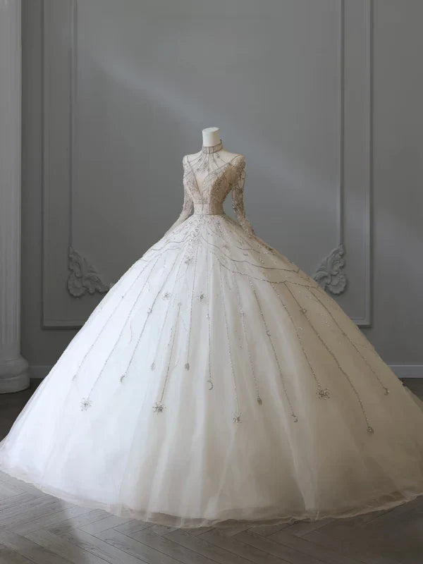 Ivory White Beaded Fashion Long Train Tulle Ball Gown Wedding Dress gh4952