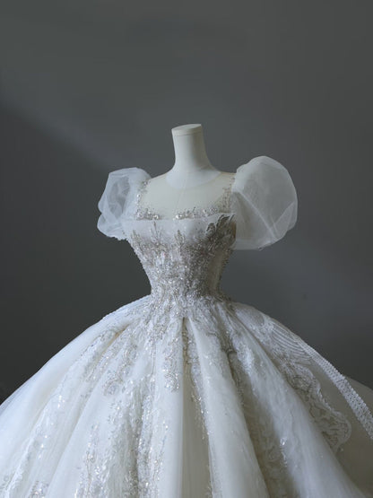 Timeless Ball Gown Off The Shoulder Short Sleeves Tulle Sequin Wedding Dresses Bridal Dress SD2480