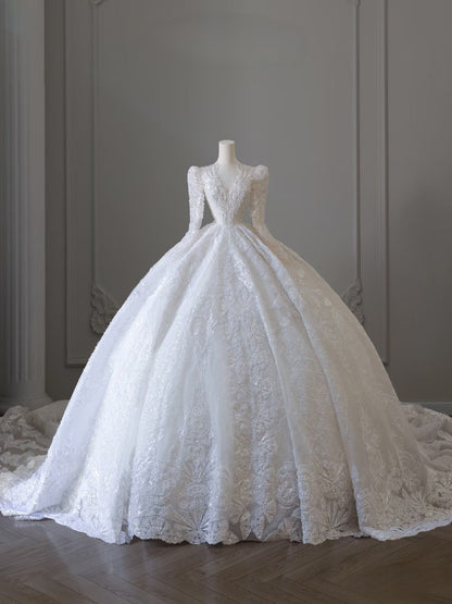 Timeless Ball Gown V Neckline Sequin Long Sleeves Wedding Dress Bridal Dresses SD2485