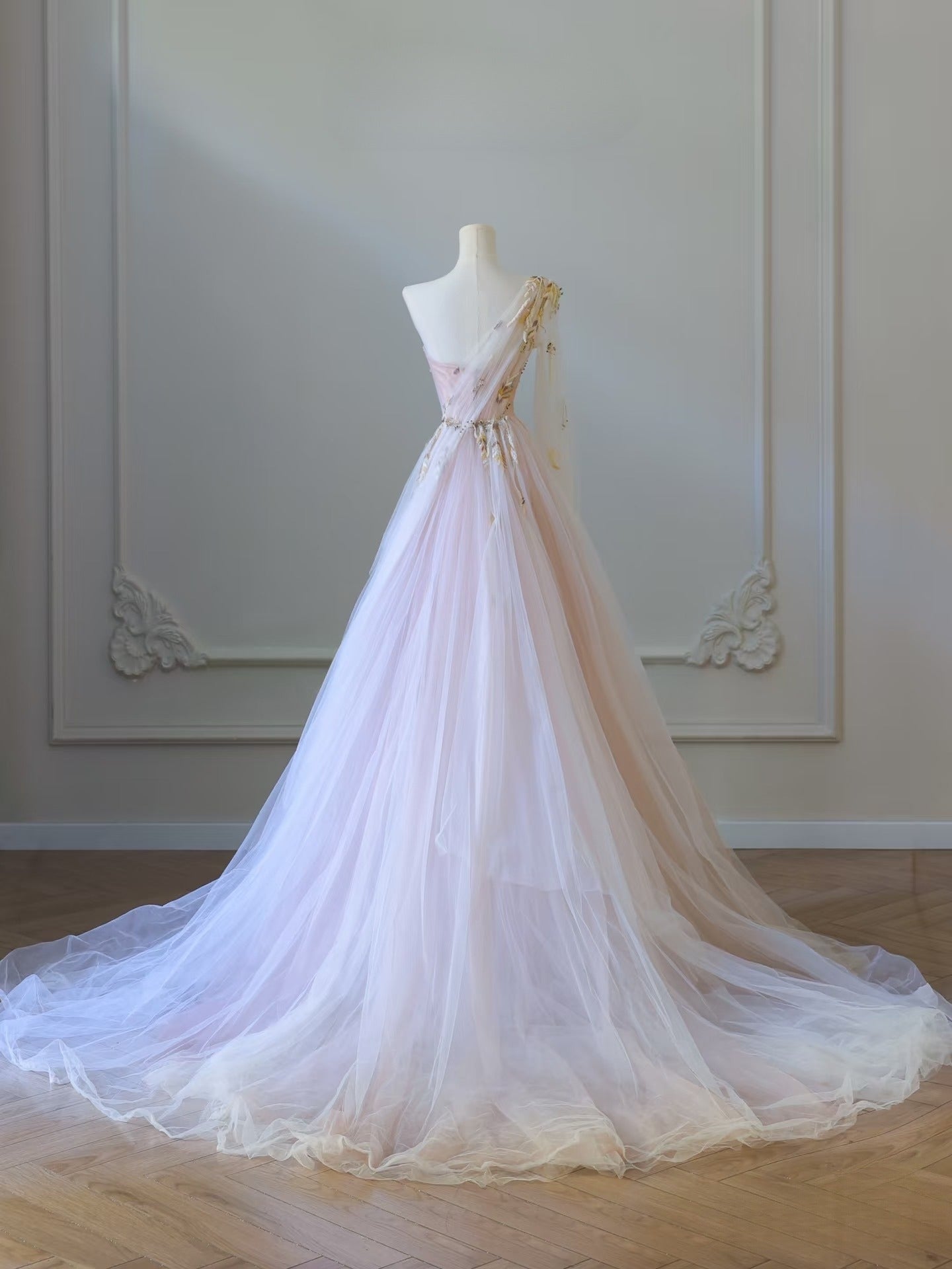 Classy A line One Shoulder Tulle Lace Long Evening Dress Prom Dresses SD2486