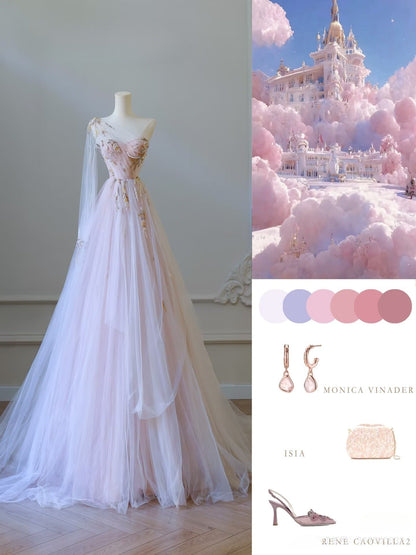 Classy A line One Shoulder Tulle Lace Long Evening Dress Prom Dresses SD2486