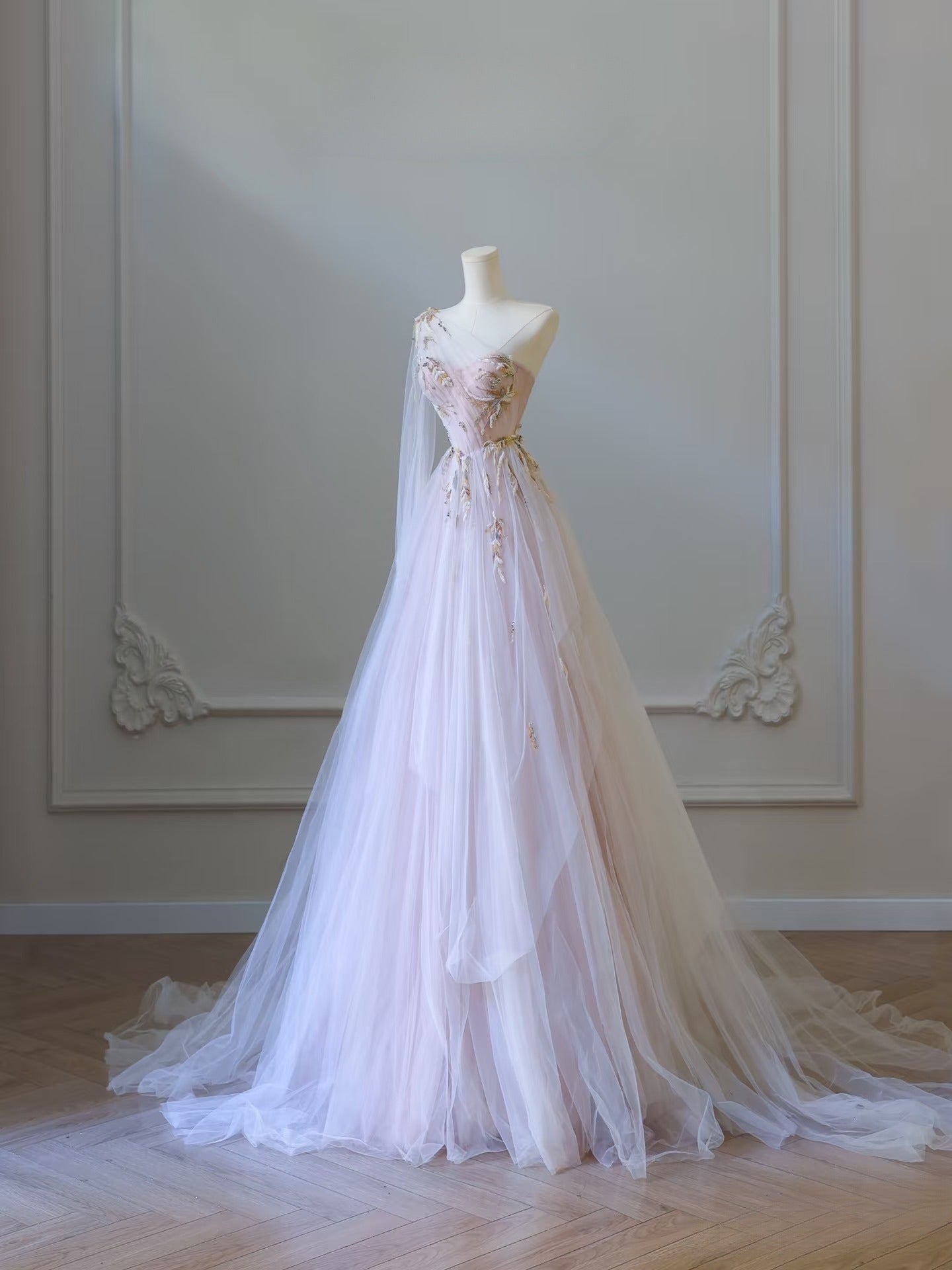 Classy A line One Shoulder Tulle Lace Long Evening Dress Prom Dresses SD2486