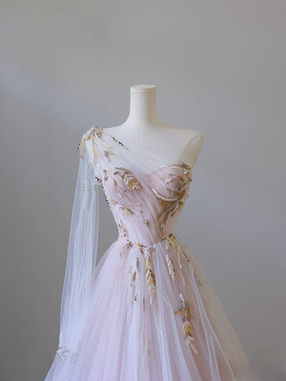 Classy A line One Shoulder Tulle Lace Long Evening Dress Prom Dresses SD2486