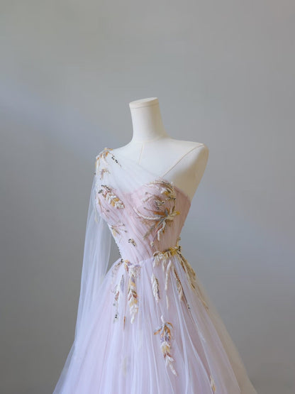 Classy A line One Shoulder Tulle Lace Long Evening Dress Prom Dresses SD2486