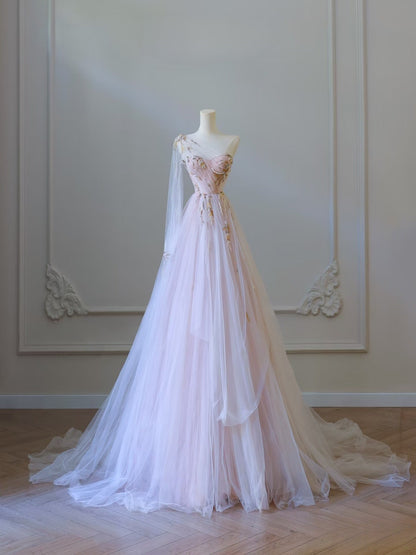 Classy A line One Shoulder Tulle Lace Long Evening Dress Prom Dresses SD2486