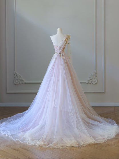 Classy A line One Shoulder Tulle Lace Long Evening Dress Prom Dresses SD2486