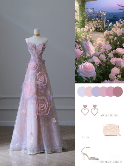 Classy Balll Gown Sweetheart Floral Lilac Tulle Long Evening Dress Prom Dresses SD2517