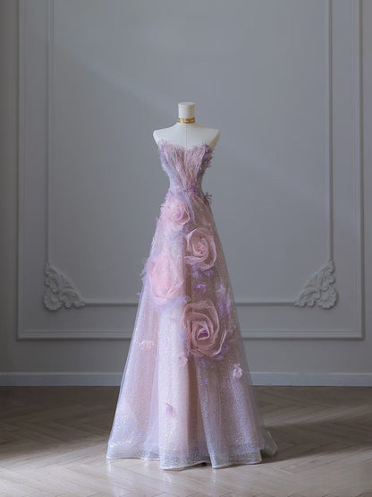 Classy Balll Gown Sweetheart Floral Lilac Tulle Long Evening Dress Prom Dresses SD2517