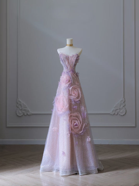 Classy Balll Gown Sweetheart Floral Lilac Tulle Long Evening Dress Prom Dresses SD2517