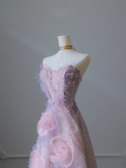 Classy Balll Gown Sweetheart Floral Lilac Tulle Long Evening Dress Prom Dresses SD2517