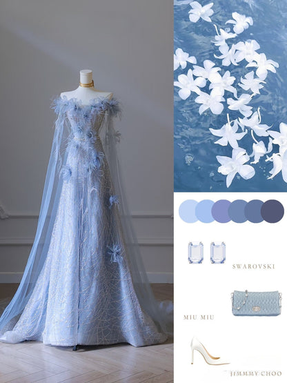 Classy Balll Gown Sweetheart Floral Blue Tulle Long Evening Dress Prom Dresses SD2518