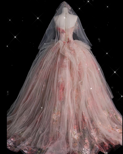 Classy Ball Gown Sweetheart Pink Floral Tulle Long Evening Dress Prom Dresses SD2525