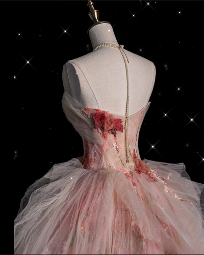 Classy Ball Gown Sweetheart Pink Floral Tulle Long Evening Dress Prom Dresses SD2525