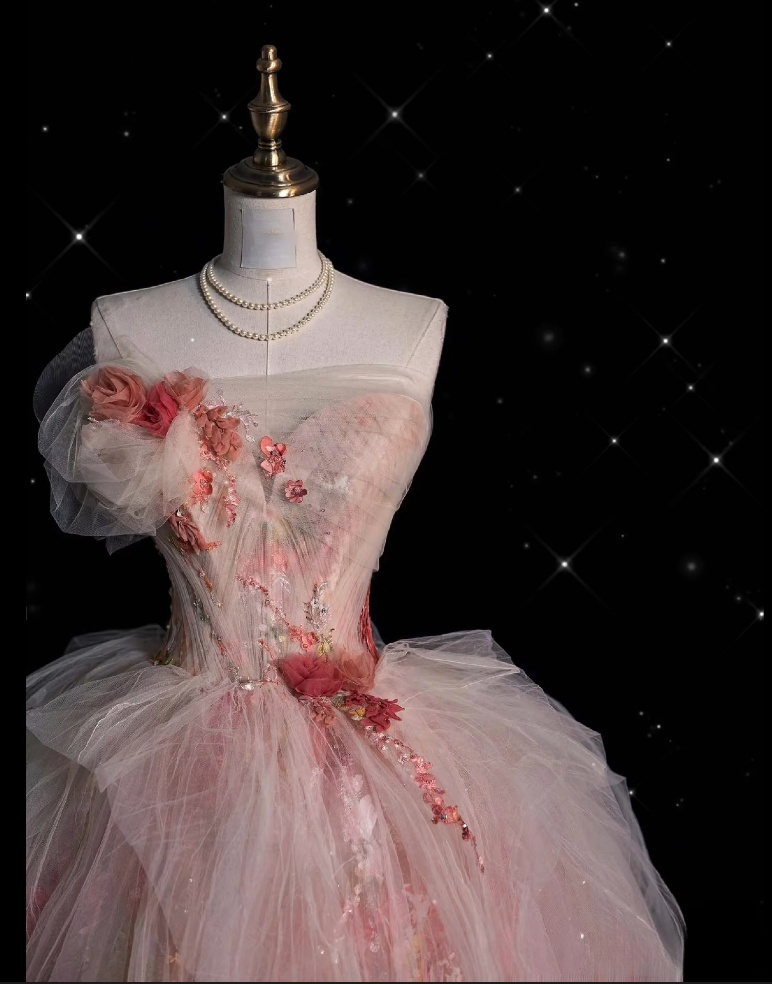 Classy Ball Gown Sweetheart Pink Floral Tulle Long Evening Dress Prom Dresses SD2525