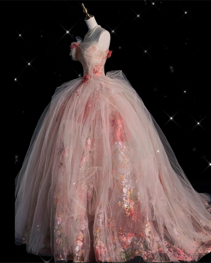 Classy Ball Gown Sweetheart Pink Floral Tulle Long Evening Dress Prom Dresses SD2525