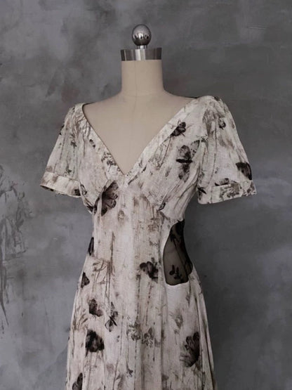 Pretty A line V Neckline Floral Long Prom Dresses Birthday Dress For Women SD252