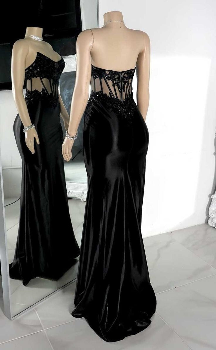 Pretty Sparkly Mermaid Strapless Black Lace Prom Dress With Slit Black Girl Graduation Dress D2538