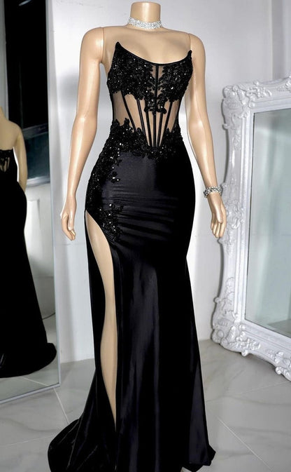 Pretty Sparkly Mermaid Strapless Black Lace Prom Dress With Slit Black Girl Graduation Dress D2538