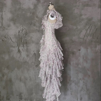 Modest A Line Scoop Short Sleeves Floral Ruffles Prom Dresses Birthday Dress For Women SD253