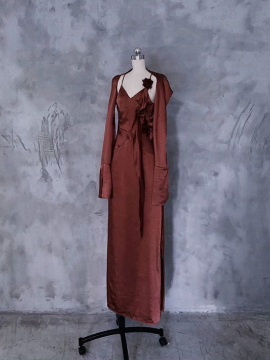 Chic A line Spaghetti Straps Burgundy Floral Long Prom Dresses Birthday Dress With Jacket SD254