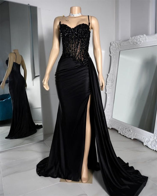 Gorgeous Mermaid Straps Black Satin Slit 23rd Birthday Dress Prom Dress Birthday Outfits For Women D2587