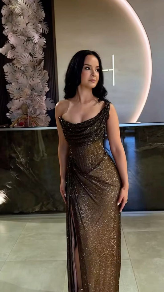 Sexy Sheath One Shoulder Sequin Slit Long Birthday Dress Birthday Outfits Graduation Dresses D2591