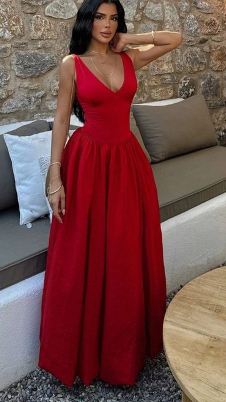 Sexy A line V Neck Red Long Birthday Dress Birthday Outfits Graduation Dresses D2594