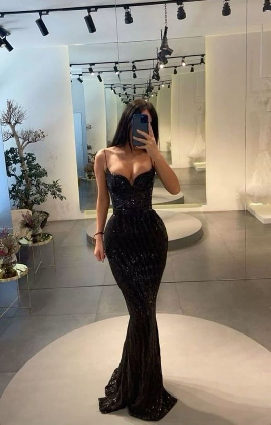Sexy Mermaid Straps Black Sequin Long Birthday Dress Birthday Outfits Graduation Dresses D2596