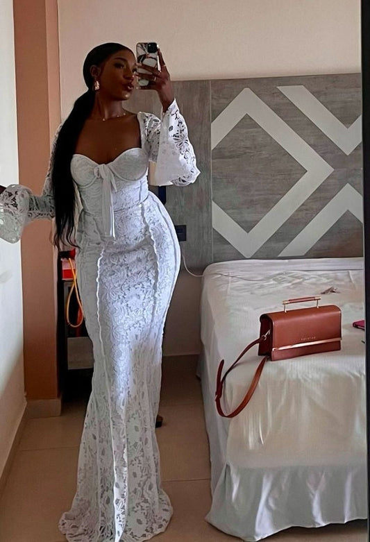 Gorgeous Mermaid Sweetheart White Lace Black Girl 23rd Birthday Dress Prom Dress Birthday Outfits For Women D2613